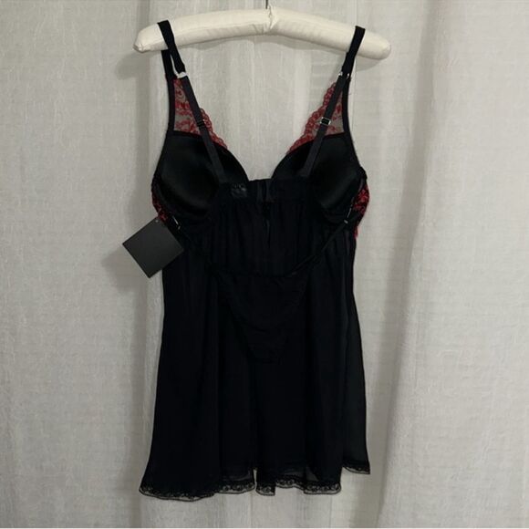 SW by Cinema ETOILE L Black Red Embroidered Chiffon Intimate Gown with Thong - Picture 3 of 11